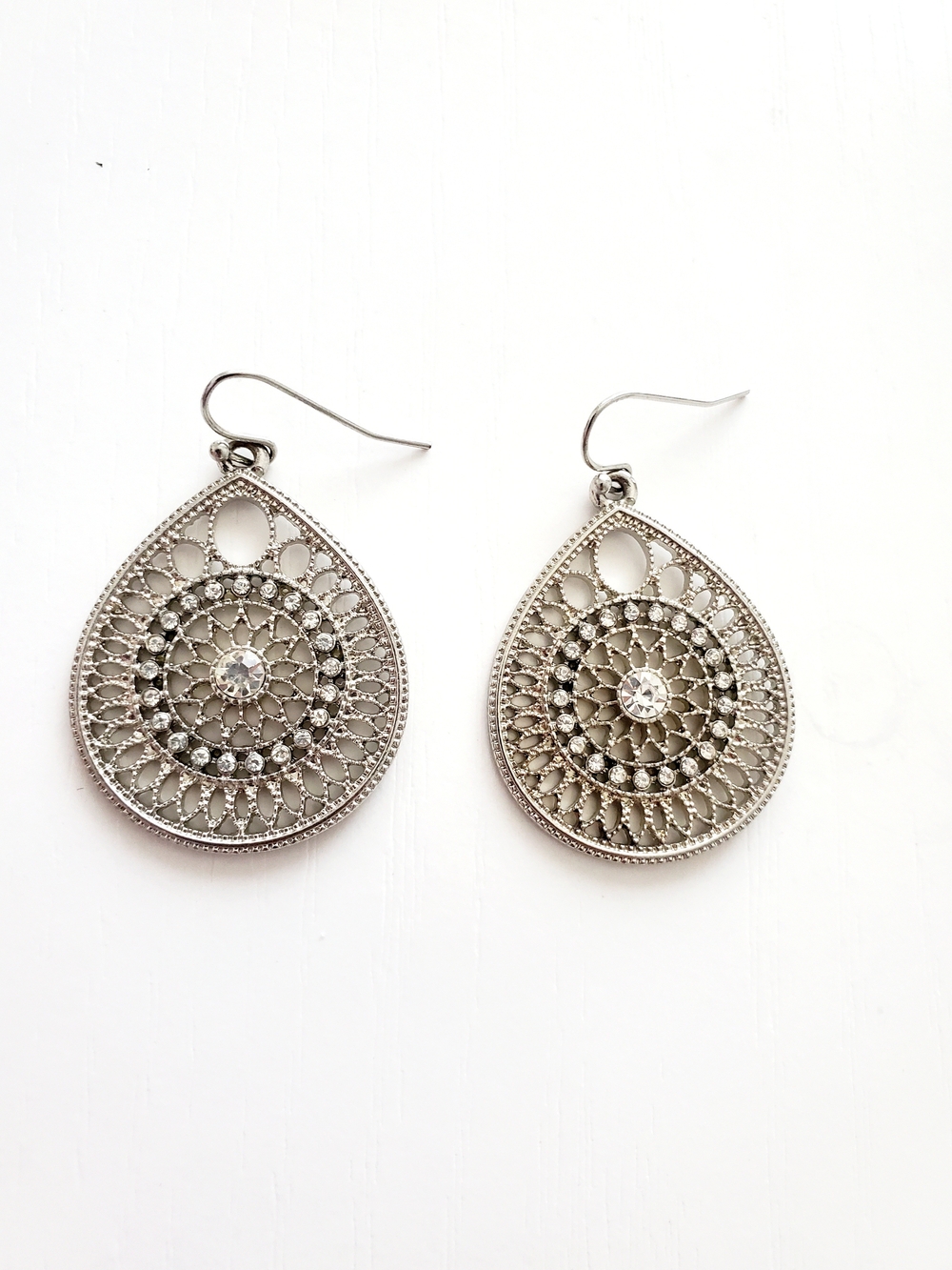 Silver Filigree Teardrop Dangle Earrings with Crystal Accent